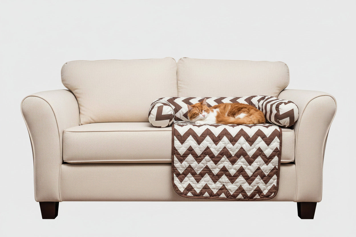 Reversible pet bed and chair cover set with brown-and-white chevron quilt top