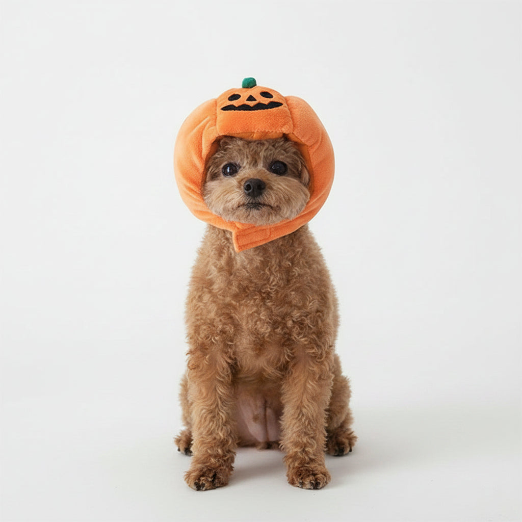 Pumpkin pet hat costume: orange plush hood with jack-o-lantern face and green stem