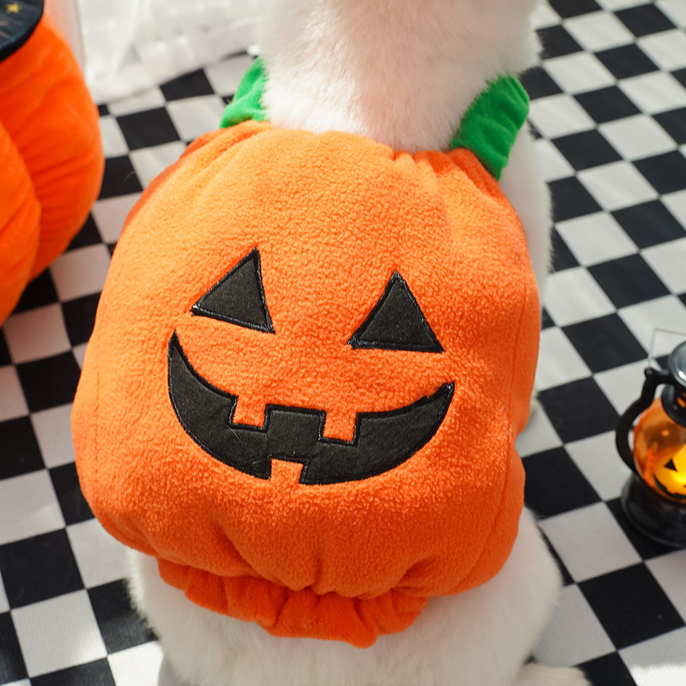 Orange pumpkin pet costume hat with green stem and jack-o-lantern face