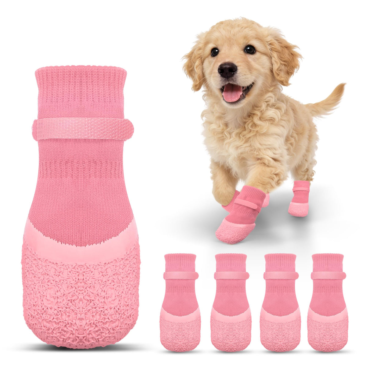 Pink anti-slip dog socks with textured paw-grip sole pattern and elastic cuffs.