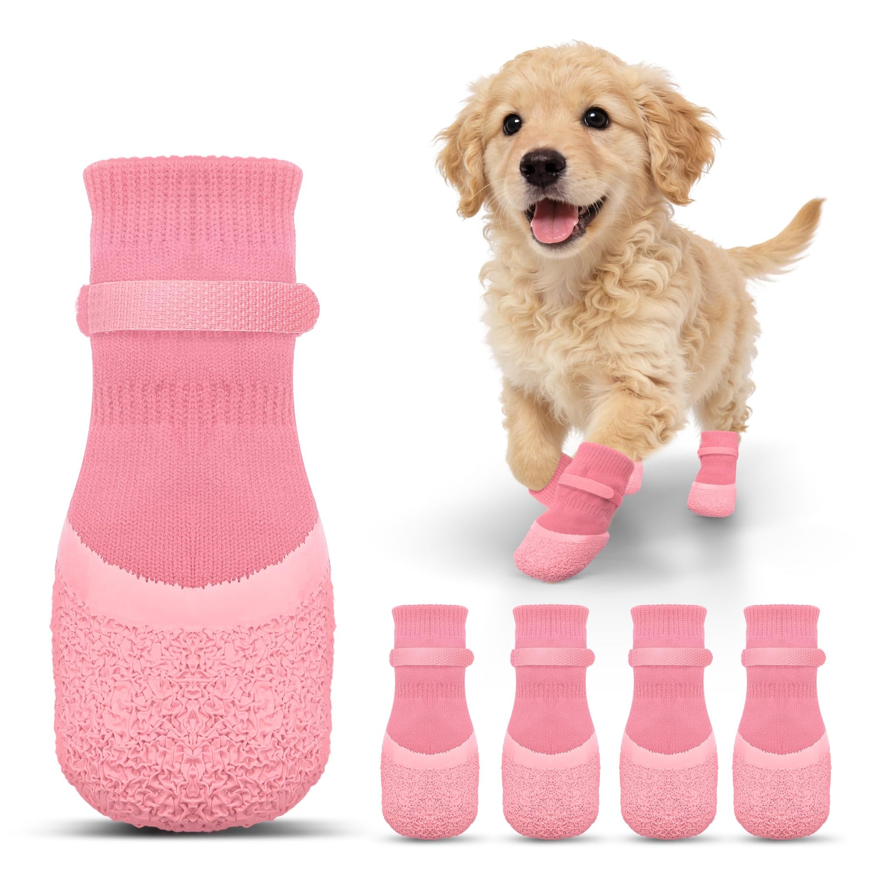 Pink anti-slip dog socks with textured paw-grip sole pattern and elastic cuffs.