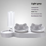 Light grey pet feeding station with auto water dispenser and two raised food bowls