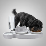 White pet feeding station with auto water dispenser and two raised food bowls