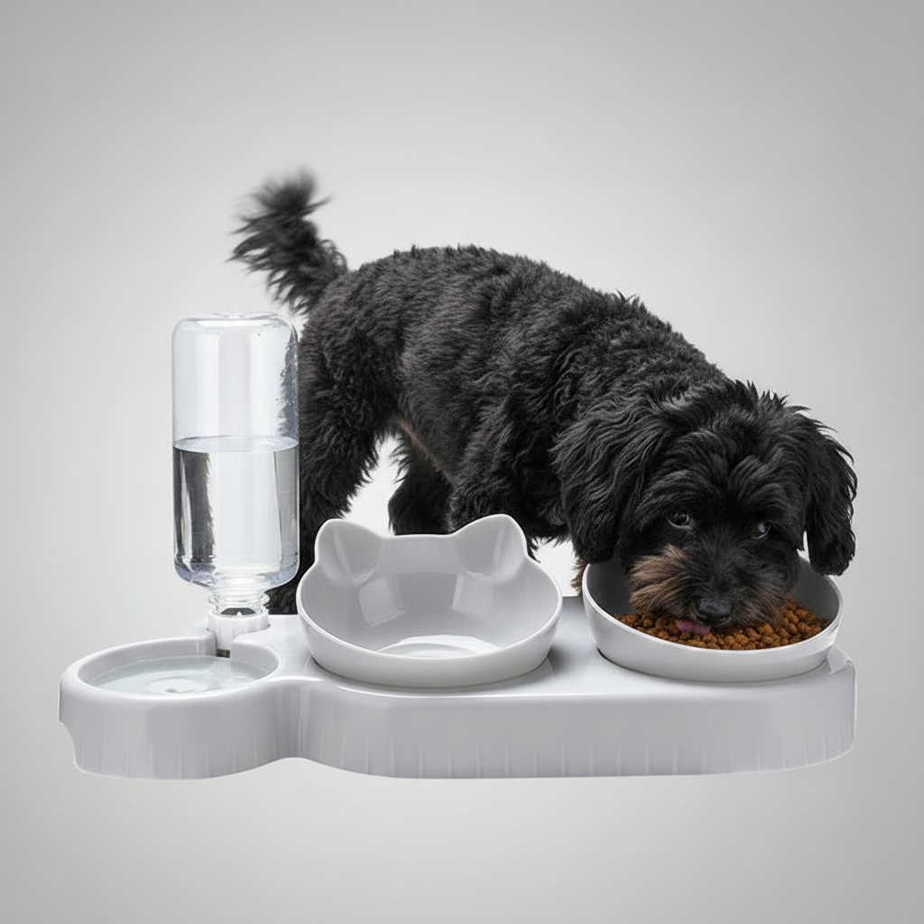White pet feeding station with auto water dispenser and two raised food bowls