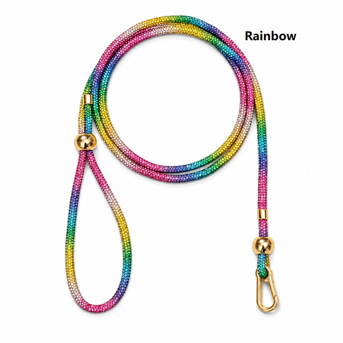 Rainbow rhinestone dog slip leash with gold clasp and loop handle, adjustable rope.