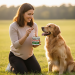 Dog flea and tick chew can with green-and-white label.