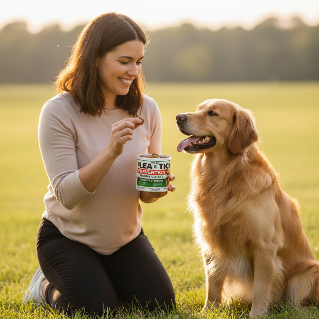 Dog flea and tick chew can with green-and-white label.