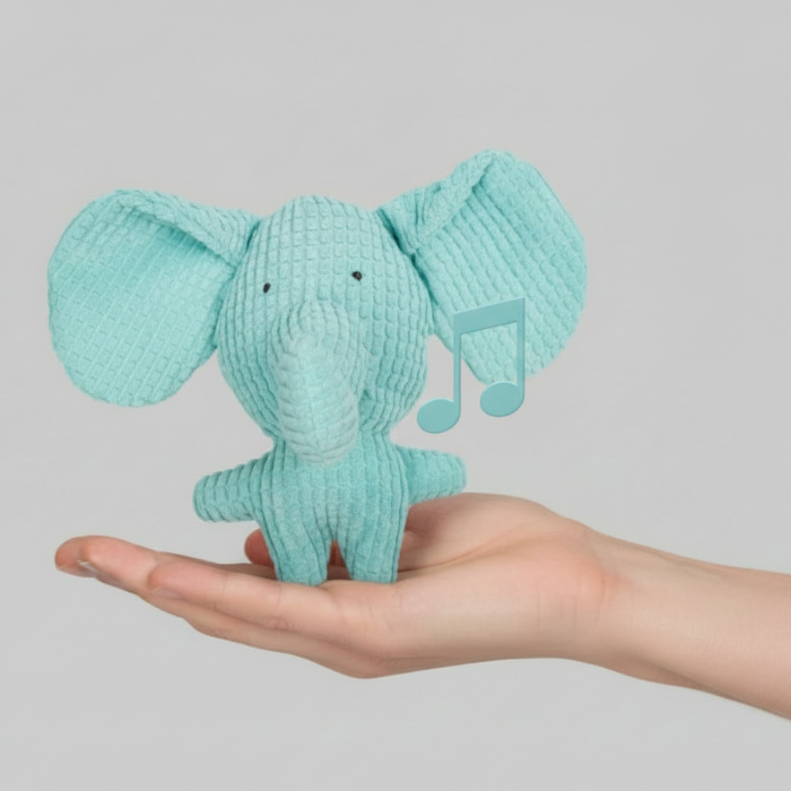 Blue elephant plush squeaky dog toy with large ears and textured body, held in hand