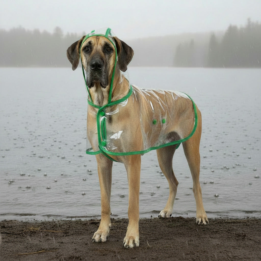 Waterproof pet raincoat for dogs, clear green hooded poncho with green trim and ties