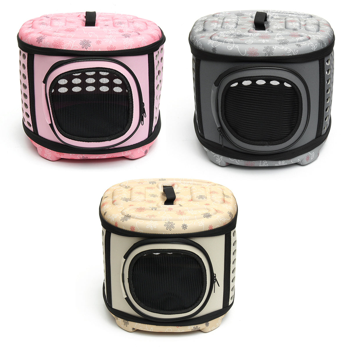 Three foldable pet carrier handbags in pink, gray, and beige with round mesh doors