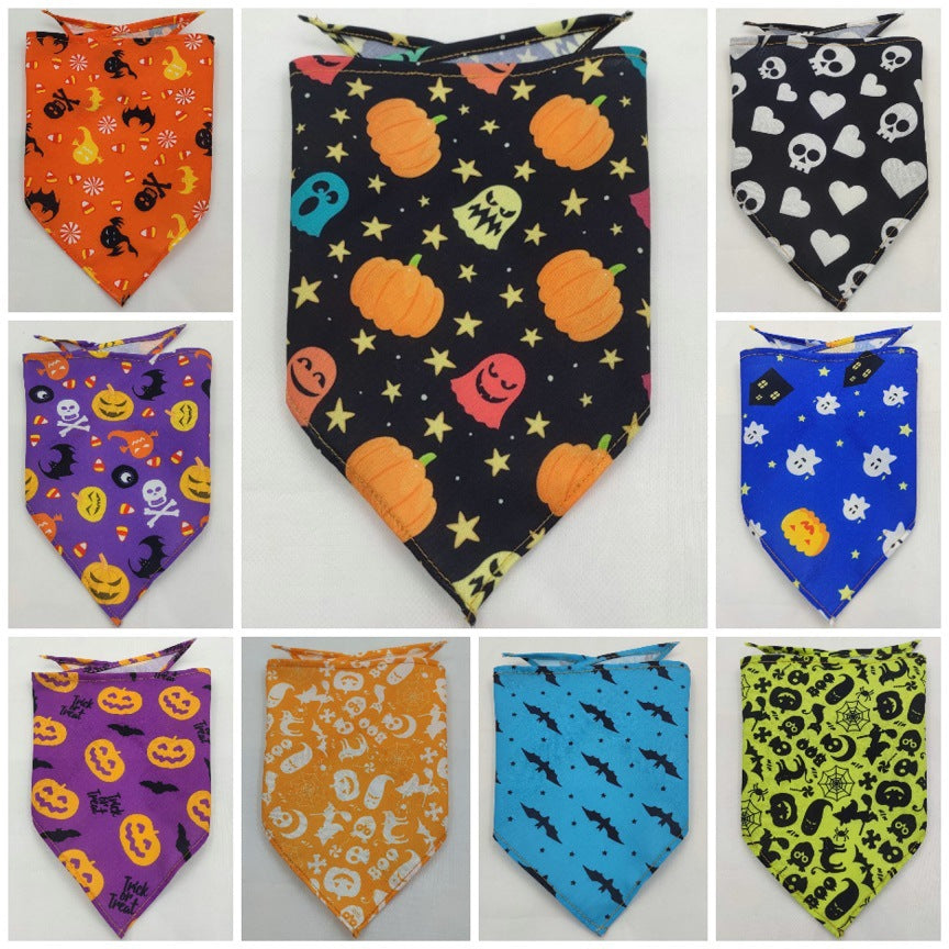 Pet triangle bandana scarf, dark base with orange pumpkins, stars, and bats