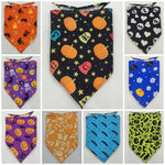 Pet triangle bandana scarf, dark base with orange pumpkins, stars, and bats
