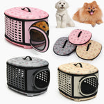 Set of foldable pet carrier handbags in pink, gray, and beige with mesh windows