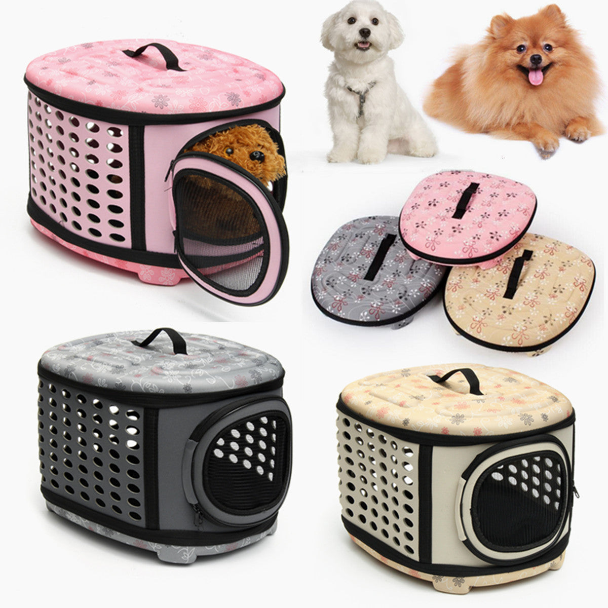 Set of foldable pet carrier handbags in pink, gray, and beige with mesh windows