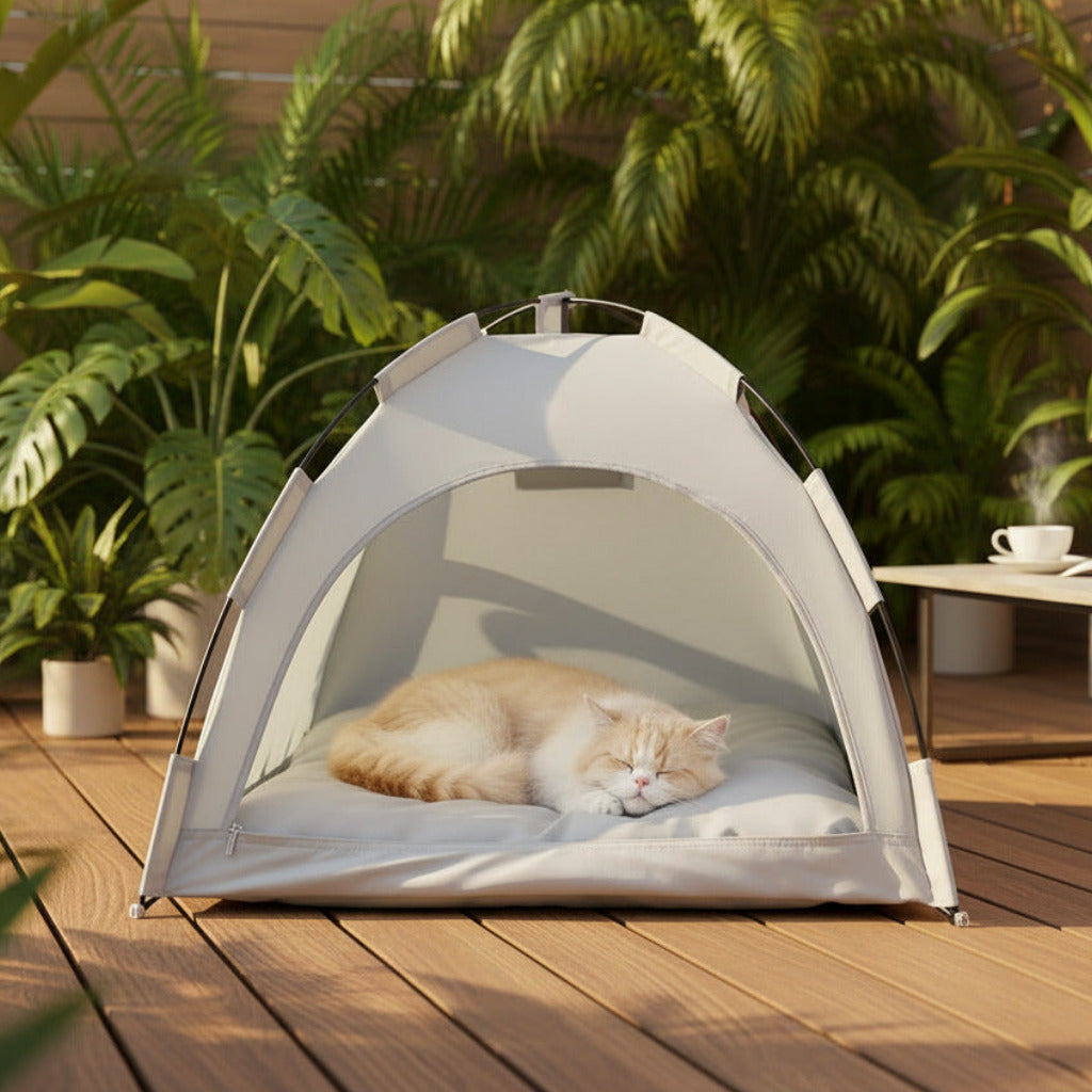 Pet tent bed with cushion in light gray, arched entrance, sleeping cat inside