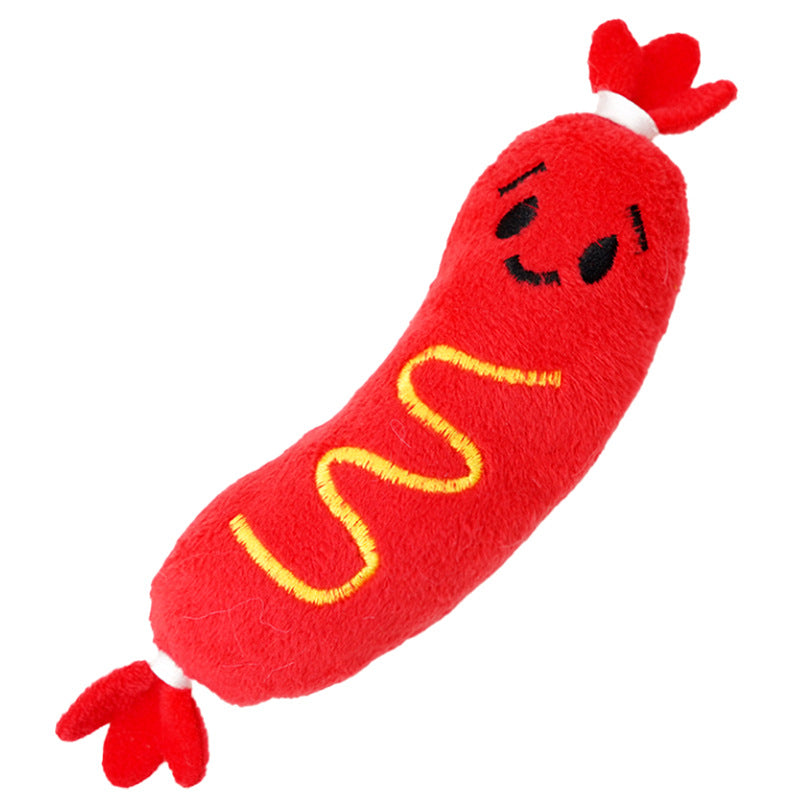 Red plush hot-dog toy with cartoon face and yellow “Joo” stitched letters