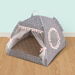 Small pet tent bed with mesh window, patterned dark fabric and cozy interior floor