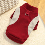 Fleece-lined pet sweater in red with light gray side panels and front D-ring leash strap