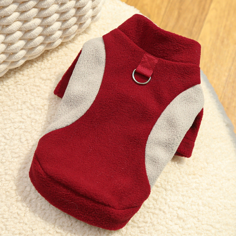 Fleece-lined pet sweater in red with light gray side panels and front D-ring leash strap