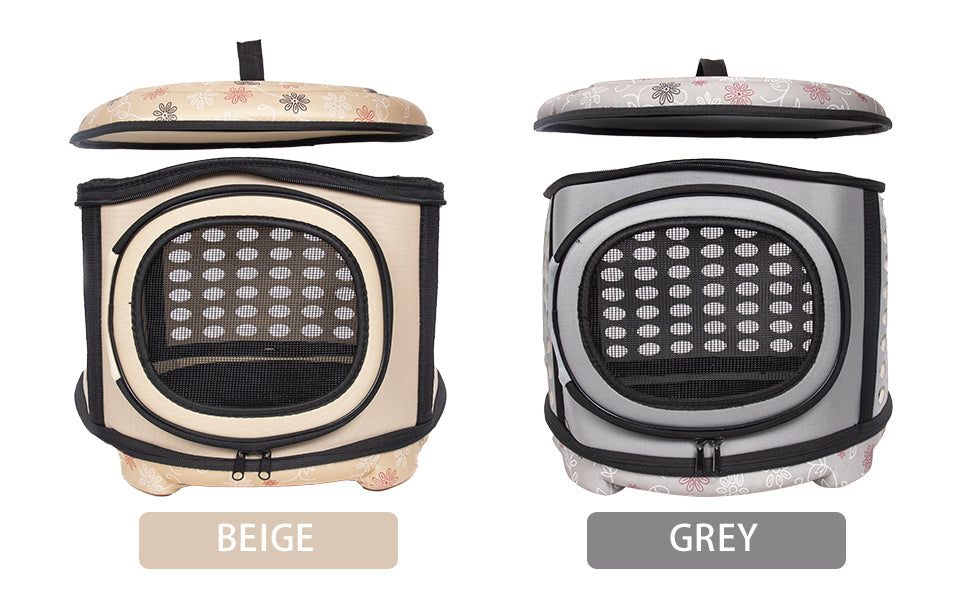 Foldable pet carrier handbag in beige and gray, front mesh window and side view