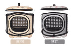Foldable pet carrier handbag in beige and gray, front mesh window and side view