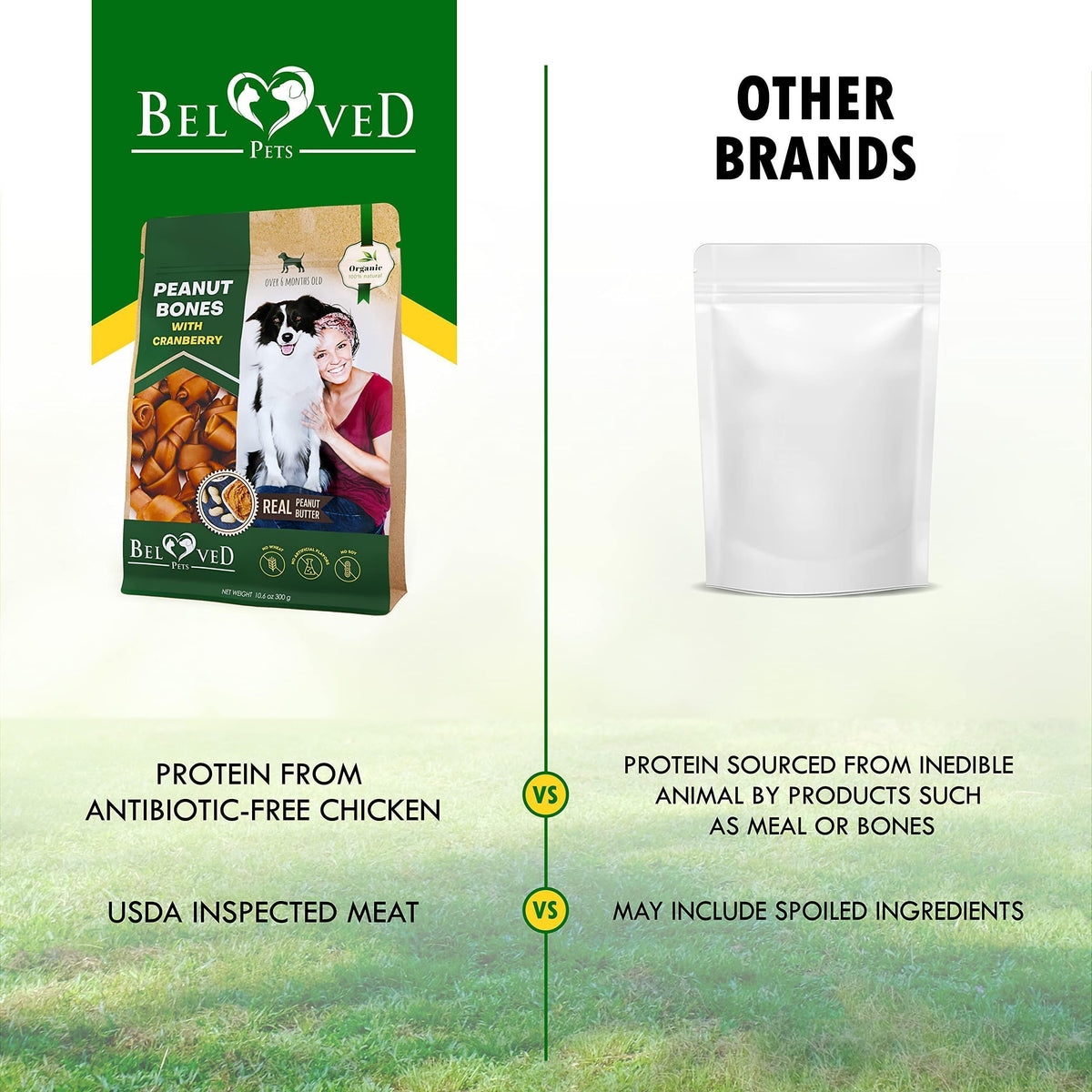 Beloved Pets peanut-butter bones pouch shown next to a white refill pouch
