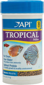 Tropical sinking fish food container with blue lid and API Tropical Pellets label