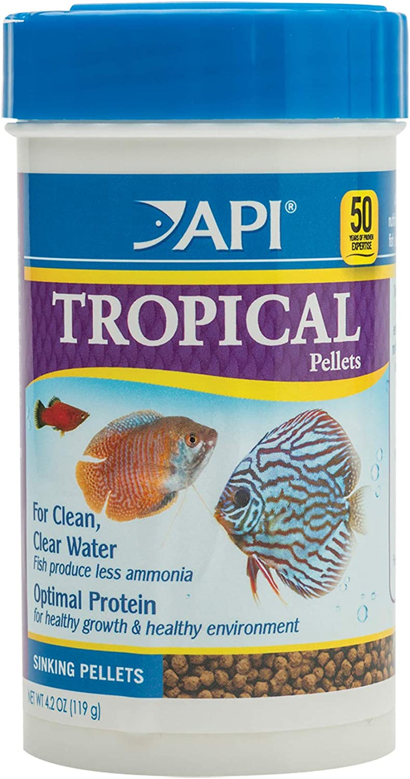Tropical sinking fish food container with blue lid and API Tropical Pellets label