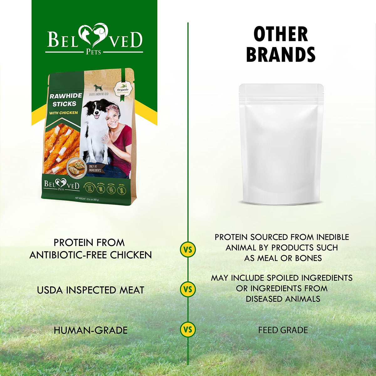 Beloved Pets rawhide sticks with chicken, small package pouch shown