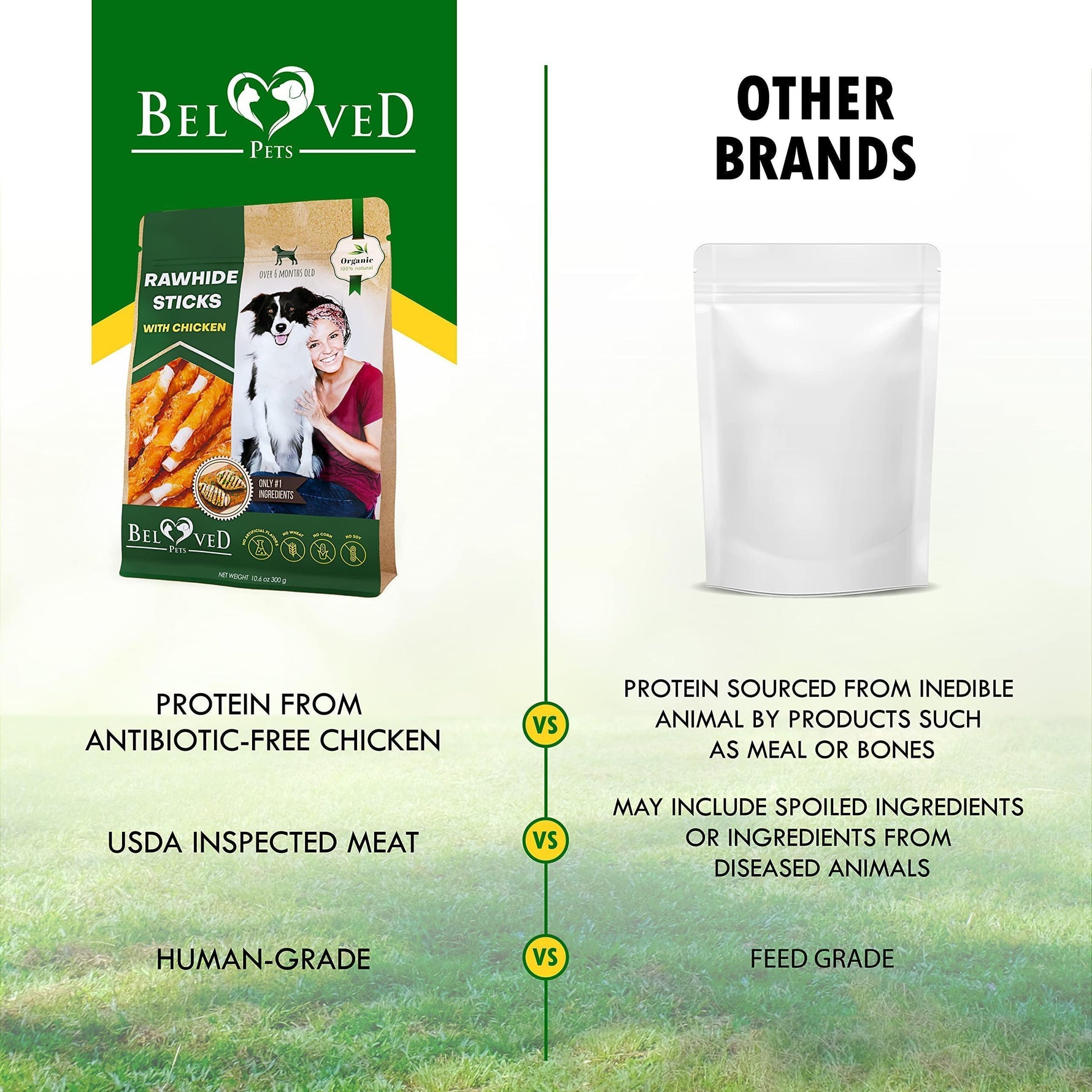 Beloved Pets rawhide sticks with chicken, small package pouch shown
