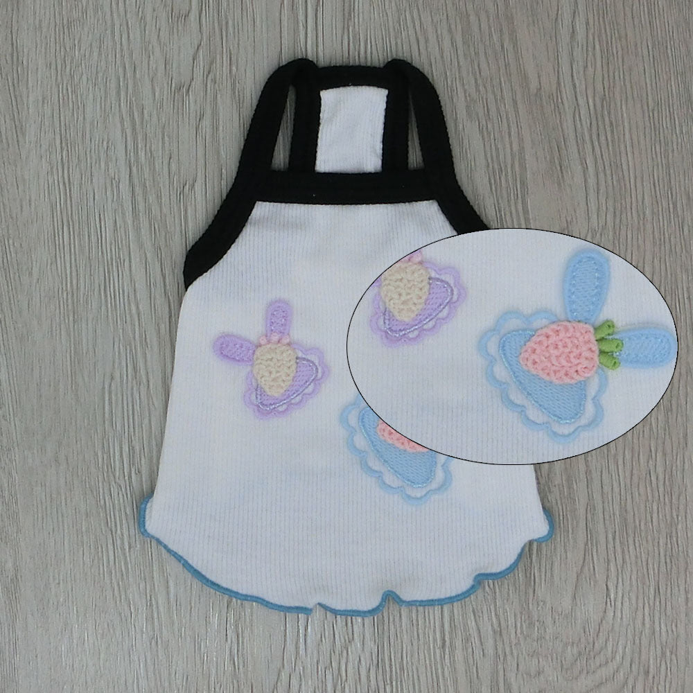 White cotton suspender pet vest with black trim and embroidered flower appliques