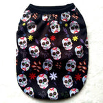 Skull Halloween pet shirt, black with colorful sugar skulls and flowers, pullover