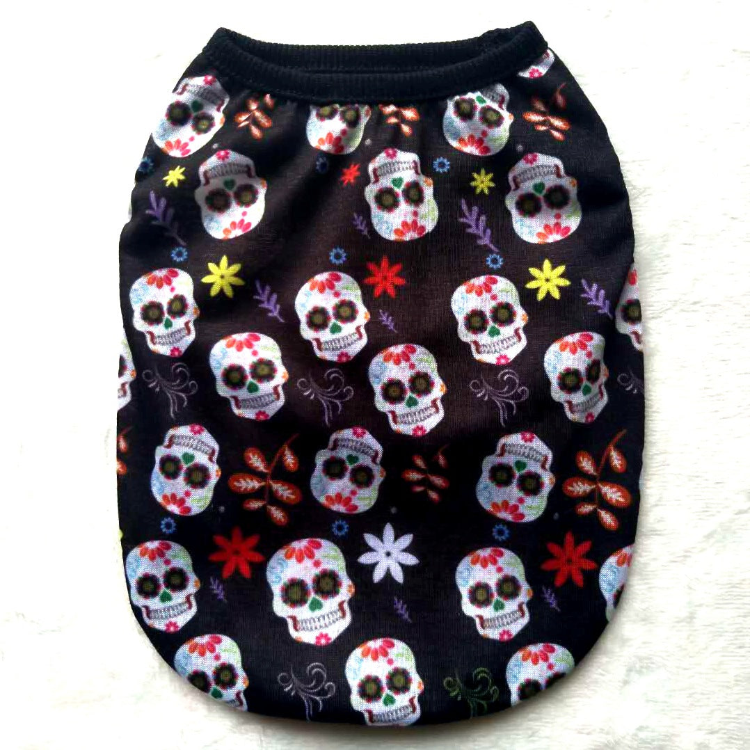 Skull Halloween pet shirt, black with colorful sugar skulls and flowers, pullover