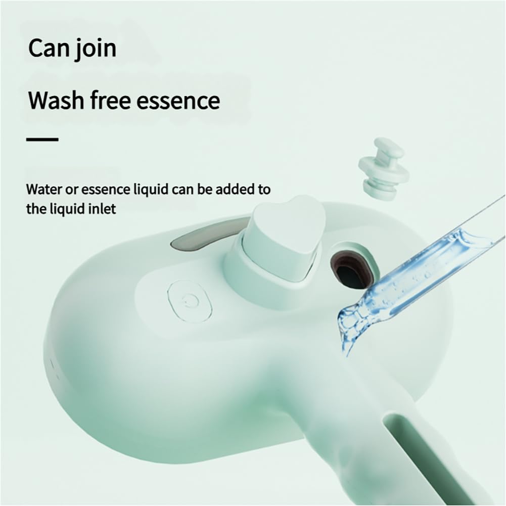Pet steam brush with mint-green body, tank opening, and oval textured cleaning head