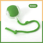 Green interactive cat toy ball with clear nozzle and green rope cord attachment
