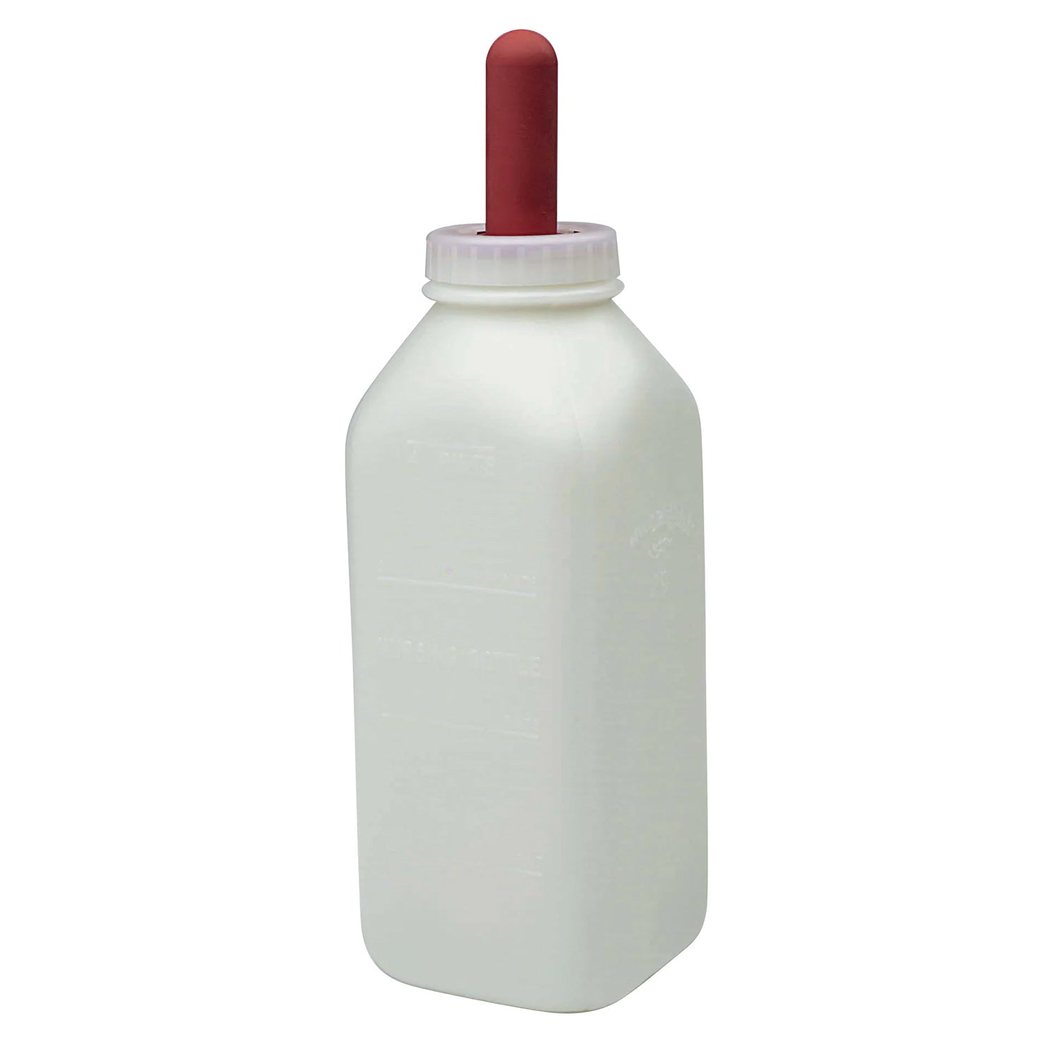 Calf feeding bottle with screw cap and red nipple, white bottle