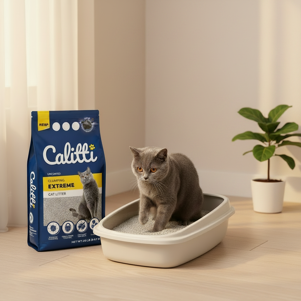 Cat litter bag with lavender clumping beside white litter box with gray cat