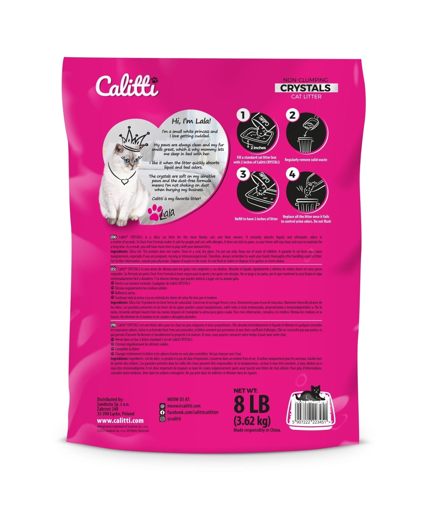 Calitti cat litter crystals bag back, net wt 8 lb (3.62 kg), directions