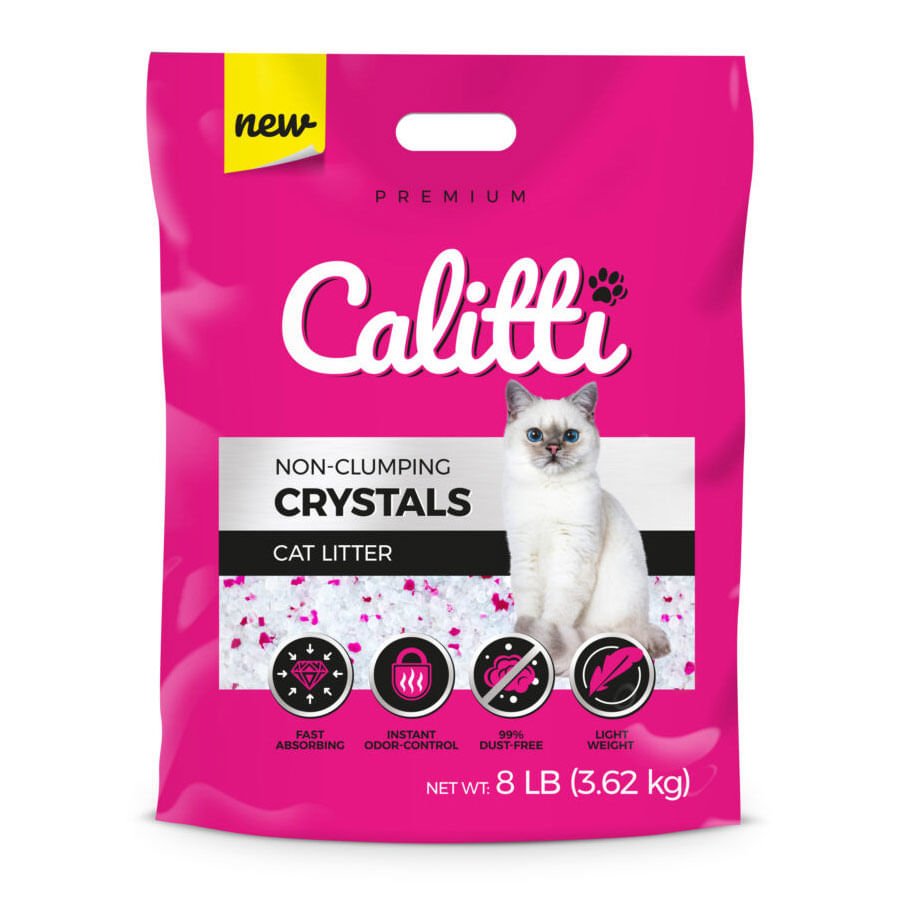 Calitti non-clumping crystal cat litter, silica gel, 8 lb bag, cat logo