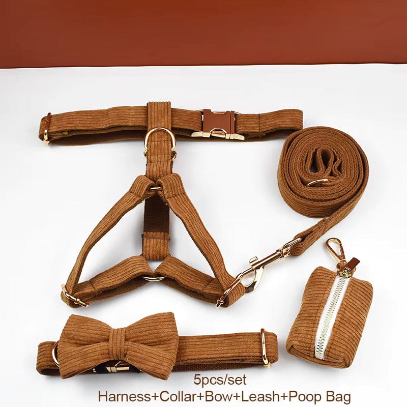 Caramel corduroy 5-piece dog set: harness, collar, bowtie, leash, and poop bag