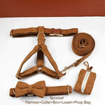 Caramel corduroy 5-piece dog set: harness, collar, bowtie, leash, and poop bag