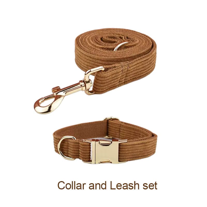 Caramel corduroy dog collar and matching leash set with metal hardware