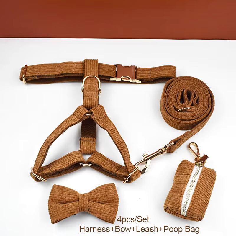Caramel corduroy dog bundle: harness, collar, bowtie, leash, and poop bag