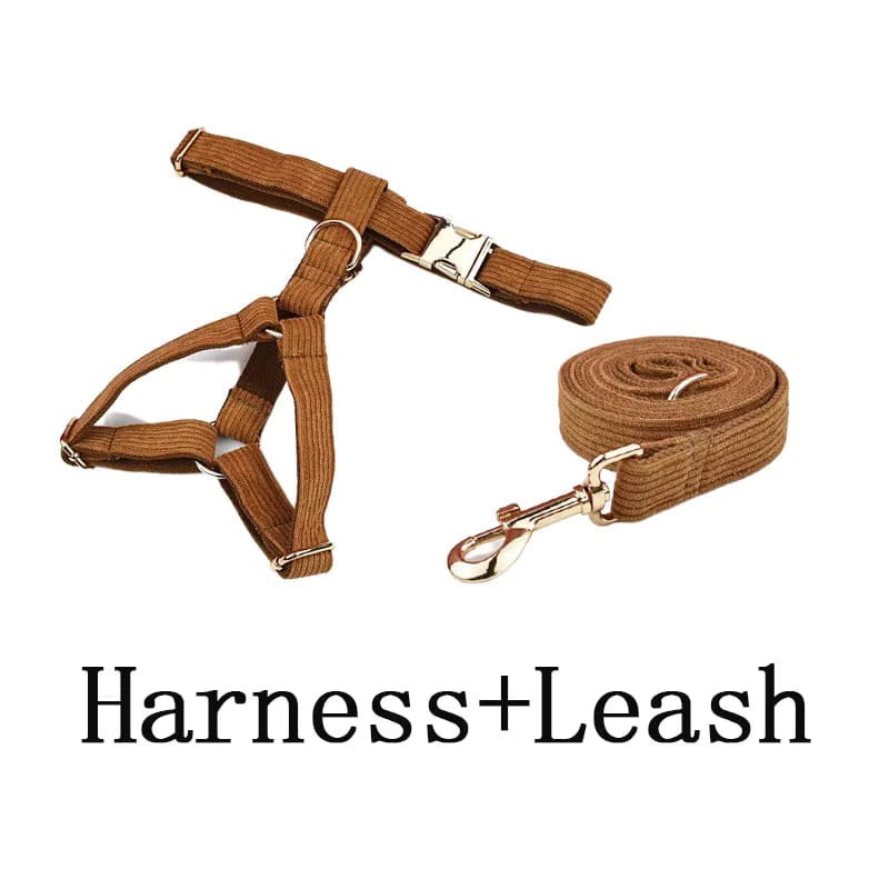 Caramel corduroy dog harness and leash set with metal buckles