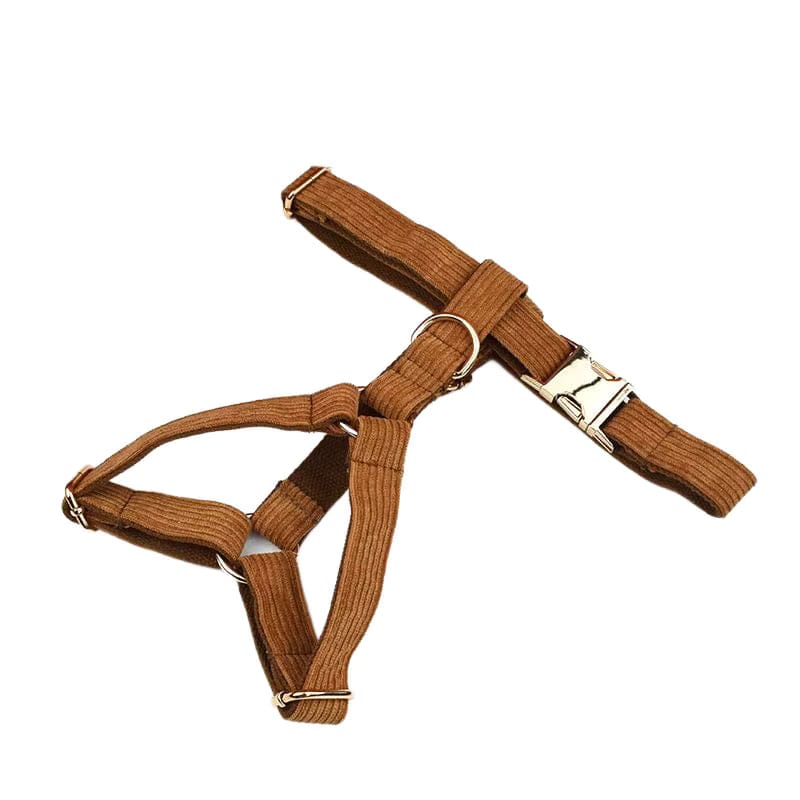 Caramel corduroy dog harness with front straps and metal buckles