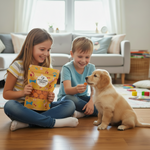 Freeze-dried carrot dog treat bag, orange-yellow packaging held by child