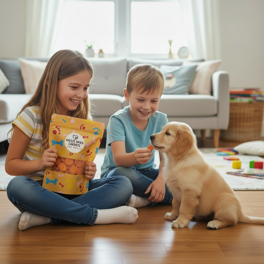 Freeze-dried carrot dog treat bag, orange-yellow packaging held by child