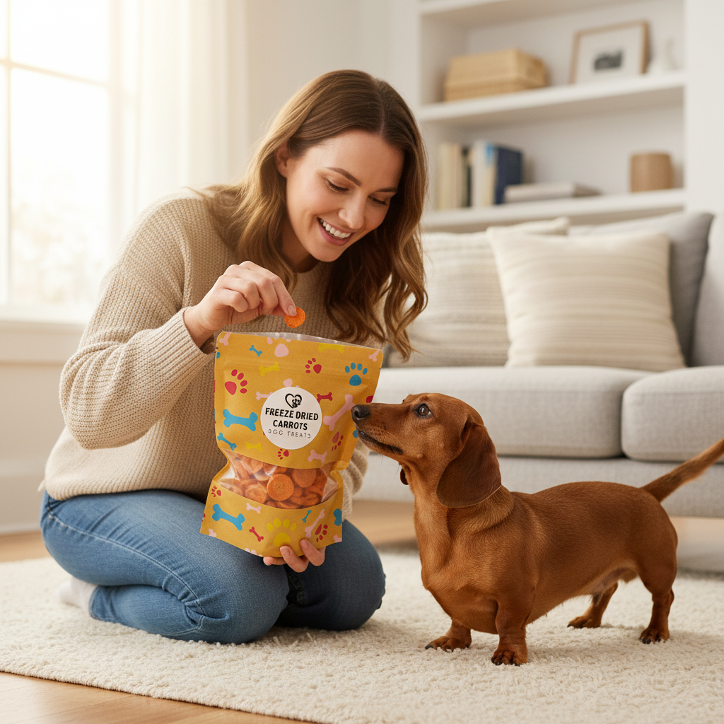 Freeze-dried carrot dog treat bag, orange-yellow pouch held near seated brown dog