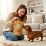 Freeze-dried carrot dog treat bag, orange-yellow pouch held near seated brown dog