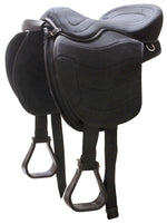 Soft saddle with stirrups and girth straps, dark finish, gray seat.